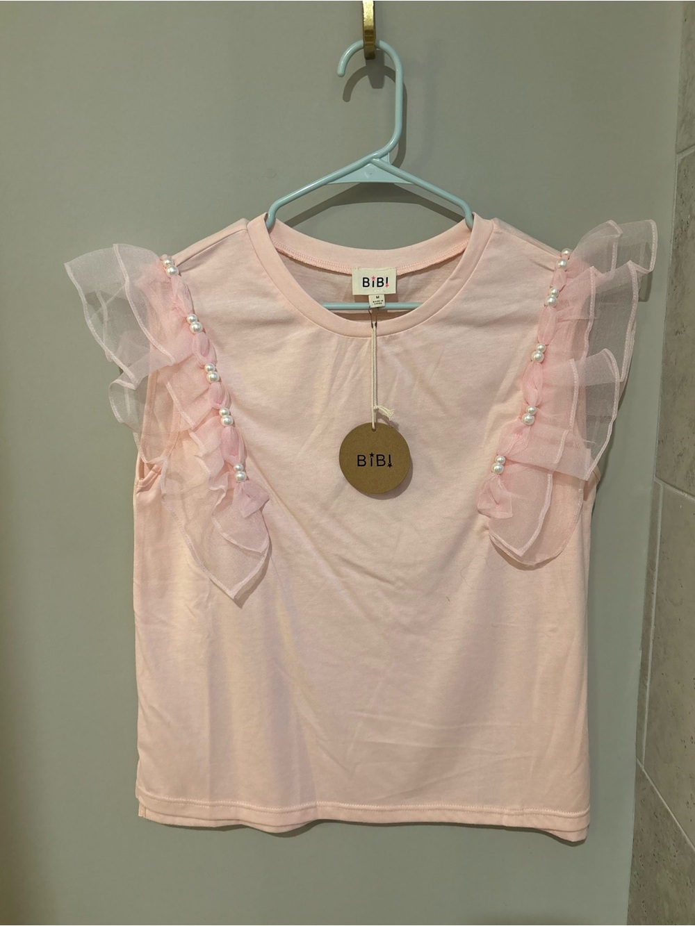BiBi Light Pink Organza Ruffle Pearl Trim Top